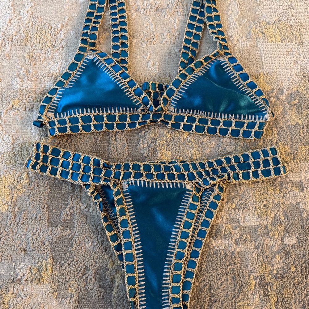 Luxsea Crochet Bikini Set – Teal & Gold – Size Small – New Without Tags